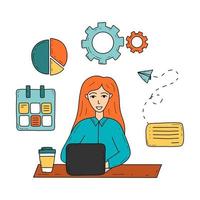 garabato, mujer, trabajando, con, computador portatil, vector, aislado, ilustración vector
