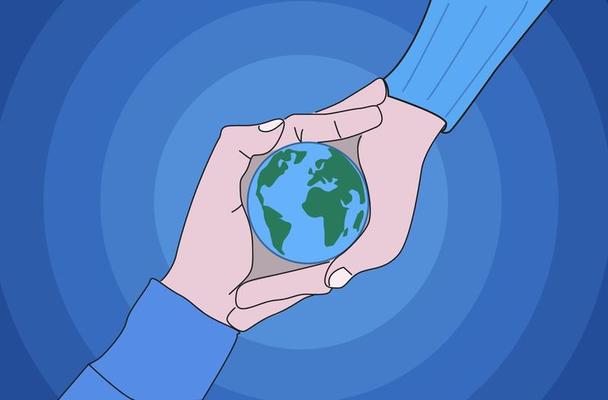 World Environment Day is a simple vector web banner, a poster with an image of the earth in your hands.  Minimalistic banner