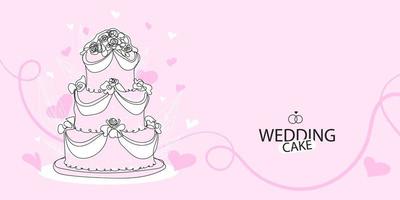 Wedding cake with rose outlines illustration in the style of drawing a continuous line, black linear design vector