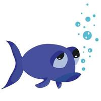 Cartoon fish with a sad face. Sea or marine animal on isolated background. Funny fish character vector