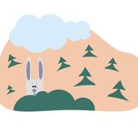 Hare hiding behind a bush in a forest clearing vector