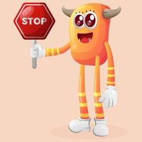 Cute orange monster holding stop sign, street sign, road sign vector