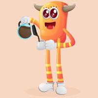 Cute orange monster drinking coffee, coffee time vector