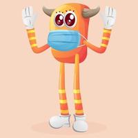 Cute orange monster wearing medical mask, protect from covid-19 vector