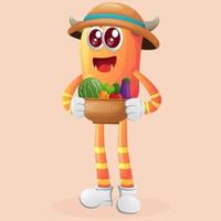 Cute orange monster carries variety of fresh vegetables and fruits vector