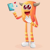 lindo monstruo naranja sosteniendo un teléfono móvil con mensajes de texto vector