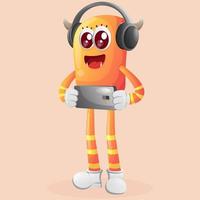 Cute orange monster playing game mobile, wearing headphones vector