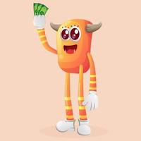 Cute orange monster holding money vector