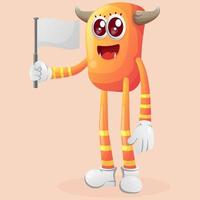 Cute orange monster waving white empty flag vector