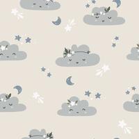 Cute seamless childish simple pattern for kids with cute clouds and stars in Scandinavian style. Baby pattern with clouds. Fabric design. Wallpaper. vector