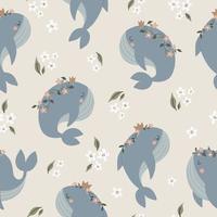 Seamless pattern with whales and flowers in Scandinavian style on a beige background. Cute baby animals. Pattern for children with whales. vector