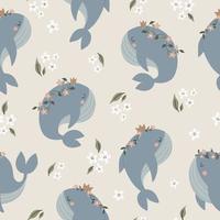 Seamless pattern with whales and flowers in Scandinavian style on a beige background. Cute baby animals. Pattern for children with whales. vector