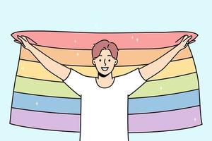 Smiling young man with LGBTq flag show support on pride parade. Happy guy express freedom of love. Homosexuality concept. Vector illustration.