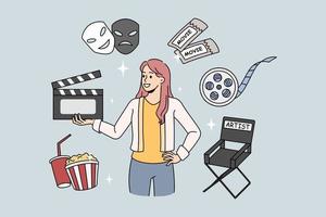 Woman director of movie production holding film clapper. Vector concept illustration with movie elements. Production director chair with cinema tickets.