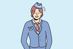 Portrait of smiling young female stewardess in uniform. Happy woman flight attendant feeling optimistic and positive. Occupation. Vector illustration.