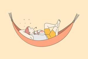 Having rest and enjoying vacations concept. Young positive man lying relaxing in hammock with cat on his breast vector illustration