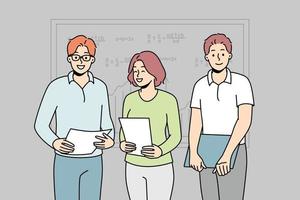 Smiling students with documents standing near board presenting in classroom. Happy pupils with paperwork make presentation in school. Vector illustration.