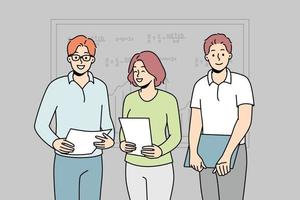 Smiling students with documents standing near board presenting in classroom. Happy pupils with paperwork make presentation in school. Vector illustration.