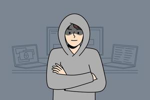 Young man in hood standing near computers hacking internal operations system. Suspicious male hacker near laptops and gadgets. Device security. Vector illustration.