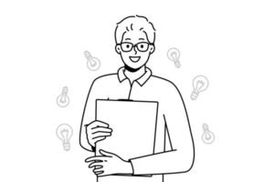 Smiling young man with folder in hands generate creative business ideas. Happy motivated guy in glasses holding paperwork document. Business and creativity. Vector illustration.