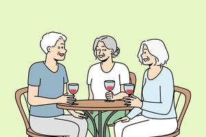 Smiling elderly people sit at table in restaurant drink wine laughing relaxing together. Joyful mature friends enjoy time in cafe. Happy maturity. Vector illustration.
