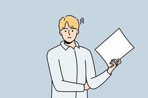 Unhappy young man stand with white paper document. Dissatisfied businessman with paperwork in hands frustrated with results. Vector illustration.