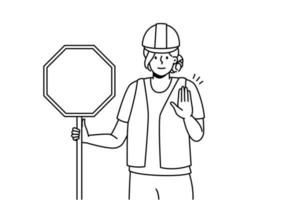 Young woman in uniform holding stop road sign in hands. Female worker in helmet stand on road show stop hand gesture. Vector illustration.