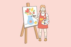 Drawing painting and hobby concept. Smiling girl cartoon character standing over canvas and painting flowers in vase with brush vector illustration