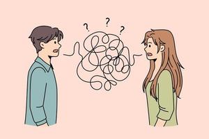 Problems in communication of couple concept. Frustrated young man and woman standing with thorn thread between them having troubles with understanding each other vector illustration