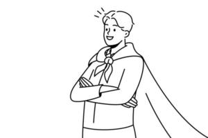 Smiling motivated man wearing superman coat satisfied with achievement or accomplishment. Happy successful businessman in superhero coat. Vector illustration.