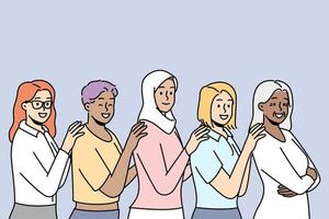 Group of smiling multiracial women stand together showing unity and support. Happy interracial multiethnic females demonstrate togetherness. Vector illustration.