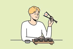 Smiling man sit at table in restaurant eating sushi with chopsticks. Happy guy enjoy traditional Asian food in cafe or bar. Vector illustration.