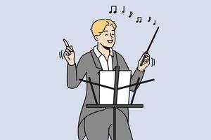 Smiling male conductor in formalwear hold baton working in concert hall. Happy man musician or artist with stick conduct performance. Vector illustration.