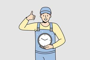 Smiling man in uniform holding clock in hands showing thumb up. Happy male worker with watch care about time management and deadline. Vector illustration.