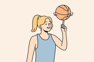 sonriente joven atleta girar la bola en el dedo. niña feliz jugador de baloncesto jugar con la pelota. actividad deportiva y lúdica. ilustración vectorial vector