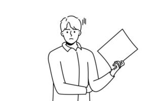 Unhappy young man stand with white paper document. Dissatisfied businessman with paperwork in hands frustrated with results. Vector illustration.