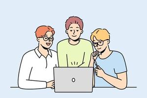 Smiling male colleagues look at computer screen brainstorming together. Happy coworkers cooperate working on laptop at workplace. Teamwork. Vector illustration.