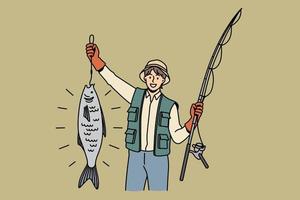 Great catch during fishing concept. Young smiling man cartoon character standing holding huge fish during fishing feeling lucky positive vector illustration