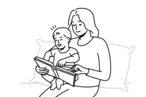 Happy caring young mother with little baby infant reading book together. Smiling loving mom play with small child at home. Motherhood concept. Vector illustration.