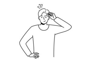 Frustrated young man think of problem solution. Pensive guy feel confused and doubtful solving trouble or issue. Dilemma. Vector illustration.