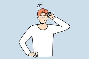 Frustrated young man think of problem solution. Pensive guy feel confused and doubtful solving trouble or issue. Dilemma. Vector illustration.