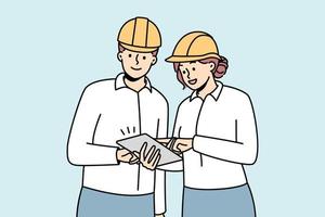 Smiling engineers in helmets working together at building site. Happy architects team brainstorm cooperate at construction place. Vector illustration.