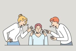 Man close ears ignore loud screaming colleagues shouting and lecturing. Calm ignorant male distracted from coworkers yelling. Stress free. Vector illustration.