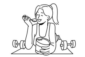 Smiling girl lying on fitness mat eating ice cream. Happy young woman quit sport enjoy dessert from jar. Diet and nutrition. Vector illustration.