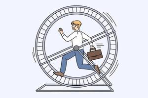 Workaholic and tiredness at work concept. Young stressed businessman cartoon character running in wheel having endless run job vector illustration