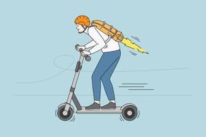 Speed and modern transport concept. Young smiling man in helmet riding scooter with rocket on back vector illustration