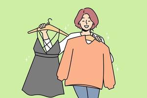 Smiling woman holding clothes on hangers choose what to wear. Happy female shopping for new clothing in mall or store. Vector illustration.
