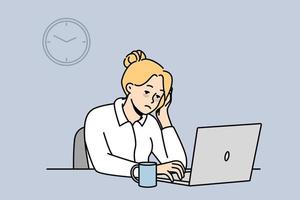 Exhausted female employee sit at office desk work on computer feel sleepy and overwhelmed. Tied woman worker feeling burnout at workplace. Fatigue. Vector illustration.