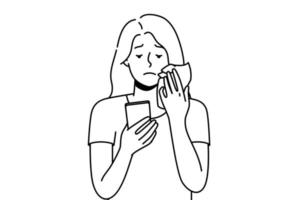 Stressed young woman look at cellphone screen crying. Unhappy girl suffer from bad message or breakup notice on smartphone. Vector illustration.