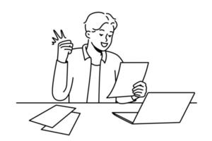 Smiling young man sit at desk work on computer excited with good news in letter. Happy guy celebrate promotion or win notification in paperwork. Vector illustration.